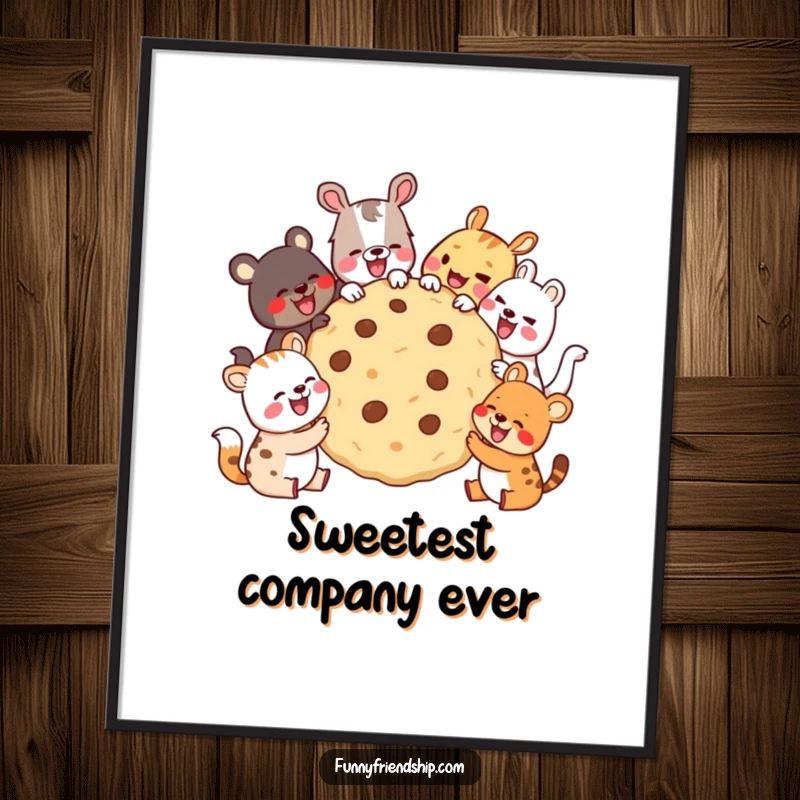 Funny Digital Art Print of diverse animals sharing a giant cookie and laughing, bringing instant joy and humorous friendship to any room.
