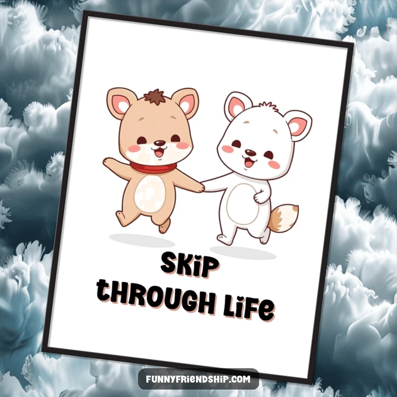 Funny digital art print of two animal characters holding hands and skipping, a delightful and cheerful illustration.