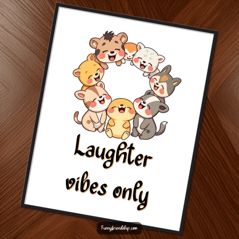 Funny digital art print of a group of happy animals sharing a moment of hearty laughter in a circle. Instant download.