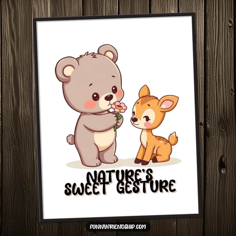 Funny Digital Art Print of a bear cub offering a flower to a shy deer cub, suitable for instant download and framing.