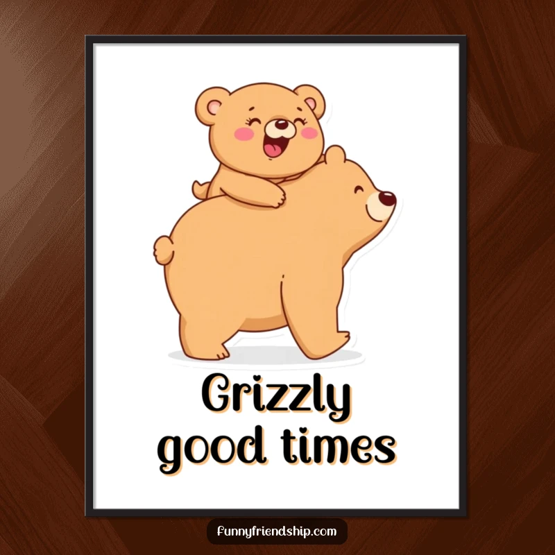 Funny Digital Art: A small bear giggles riding piggyback on a larger bear, a heartwarming piece of cute, humorous wall art.