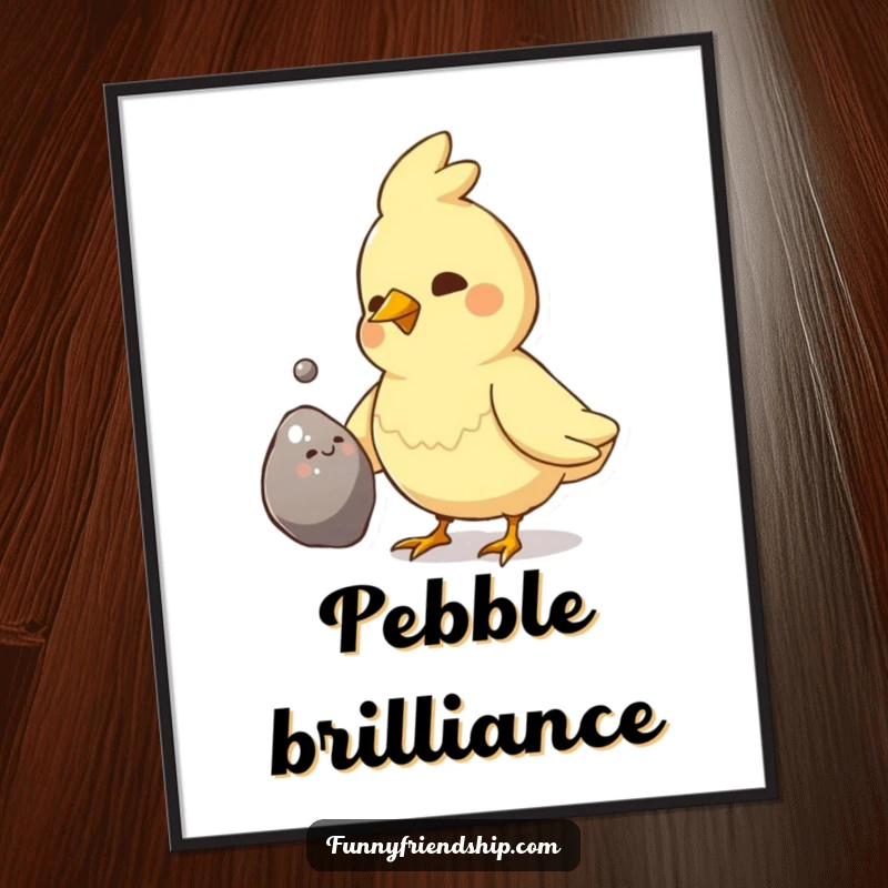 Funny Bird Pebble Gift Digital Art Print: Bird gives shiny pebble, instant download, charming illustration, a funny gift.