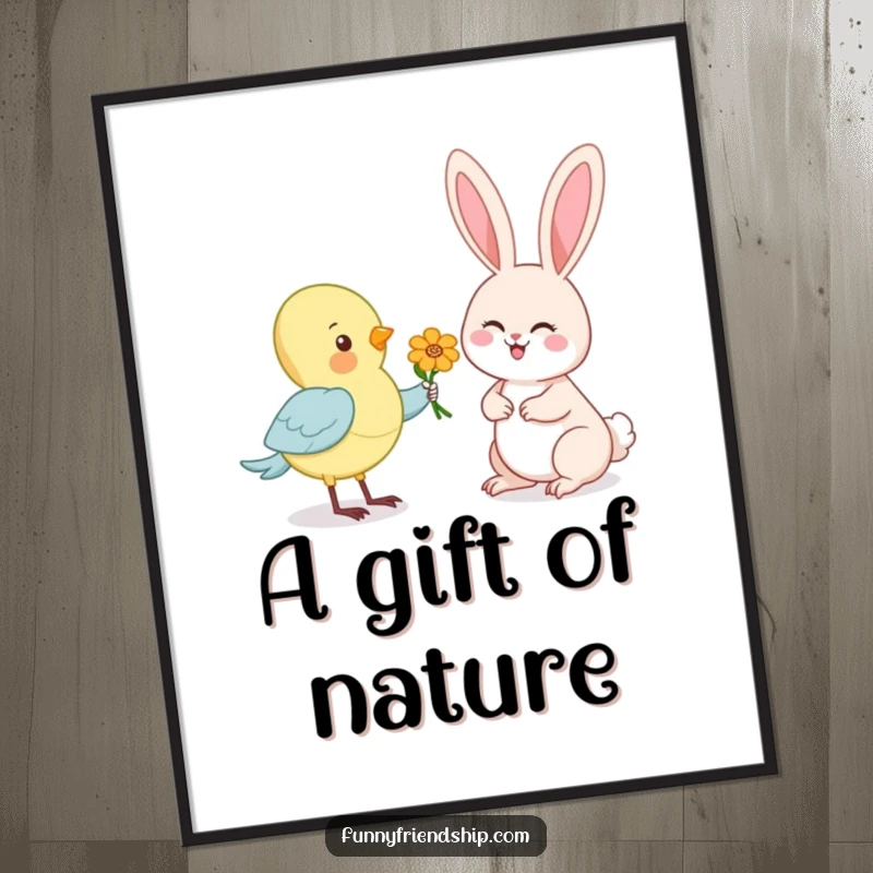 Funny digital art print of a cartoon bird offering a flower to a happy rabbit, perfect for instant humorous wall decor.