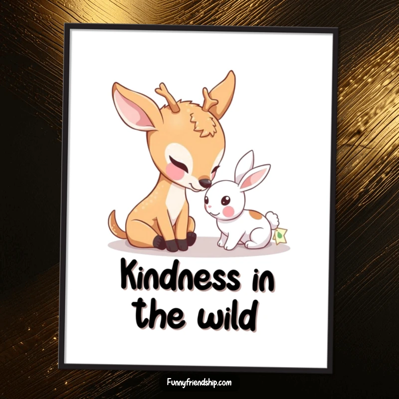 Funny digital art print capturing a gentle deer character softly nudging a small rabbit, ideal for serene wall decor and symbolizing friendship.