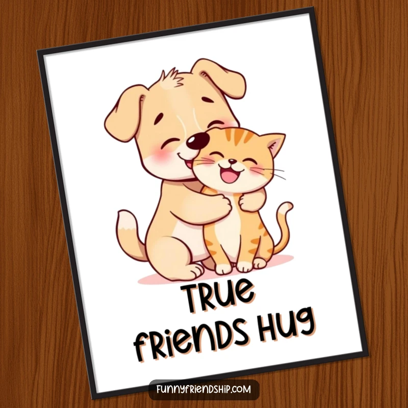 Funny Digital Art: Adorable dog character giving a playful hug to a happy cat, symbolizing friendship and joy.