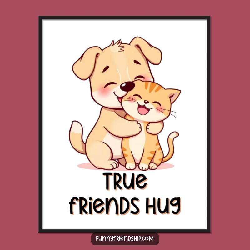 Funny Dog and Cat Hug Digital Art: Instant Cheerful Decor for Animal Lovers