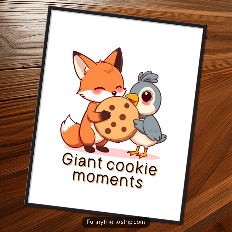 Funny digital art print of a fox sharing a giant cookie with a bird, capturing a sweet and humorous moment of friendship.