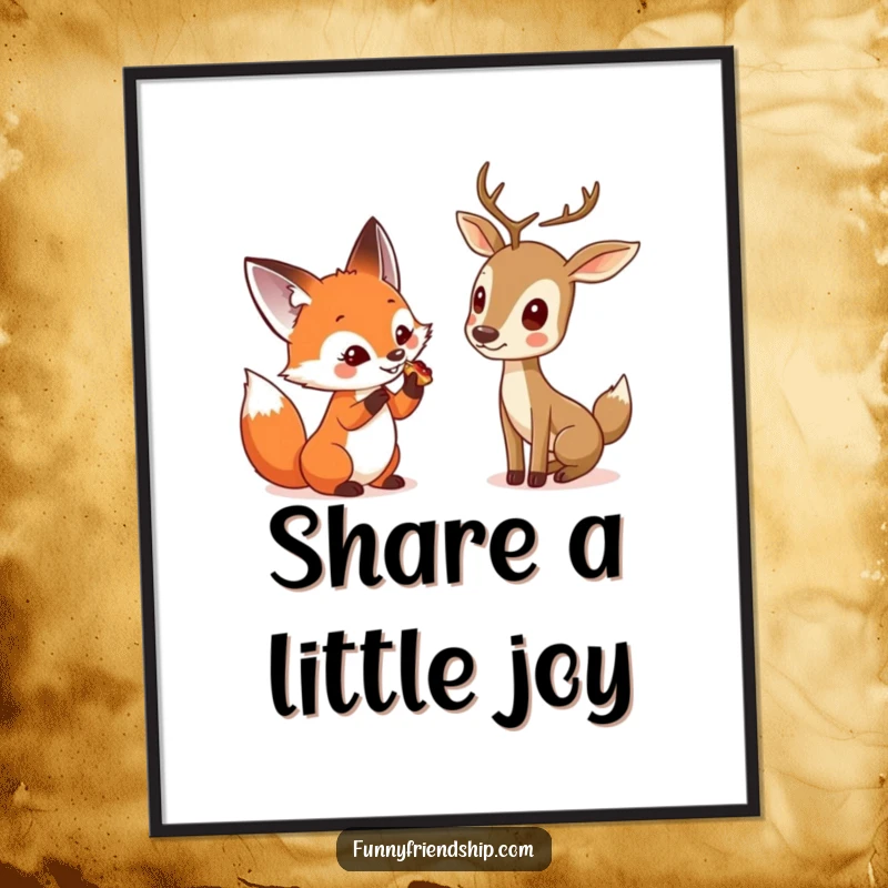 Funny digital art print of a curious fox sharing a treat with a shy deer, celebrating woodland friendship and available for instant download.
