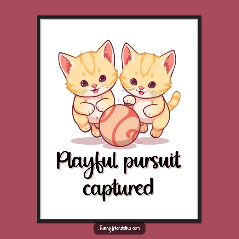 Funny Kitten Digital Art Print: Playful Cat Ball Chase Decor, Instant Gift