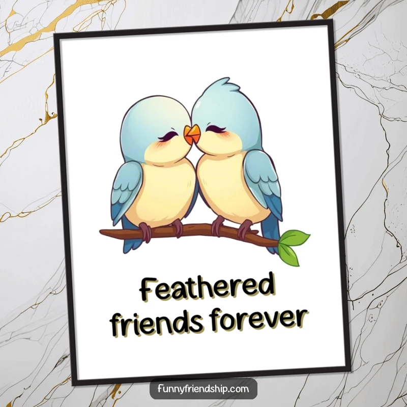 Funny love birds digital art print, two birds nuzzling affectionately, symbolizing love and togetherness for humorous decor.