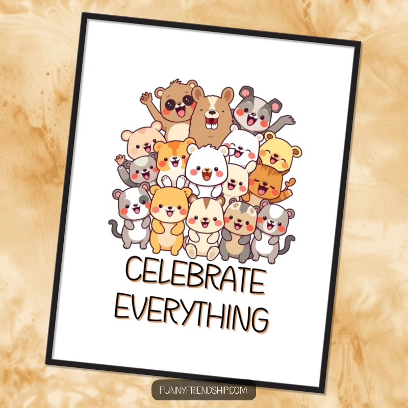 Funny digital art print of a diverse group of cheerful animal characters celebrating, a vibrant and fun festive illustration.