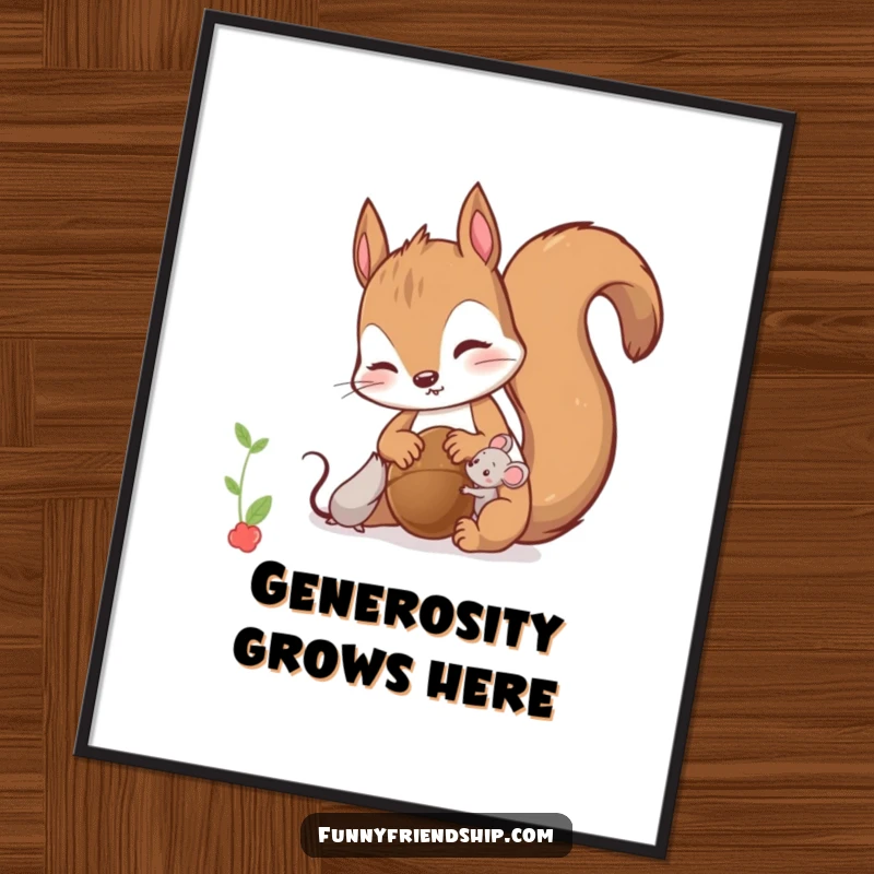 Funny Digital Art: Curious squirrel character sharing a nut with a tiny mouse, symbolizing friendship and generosity.