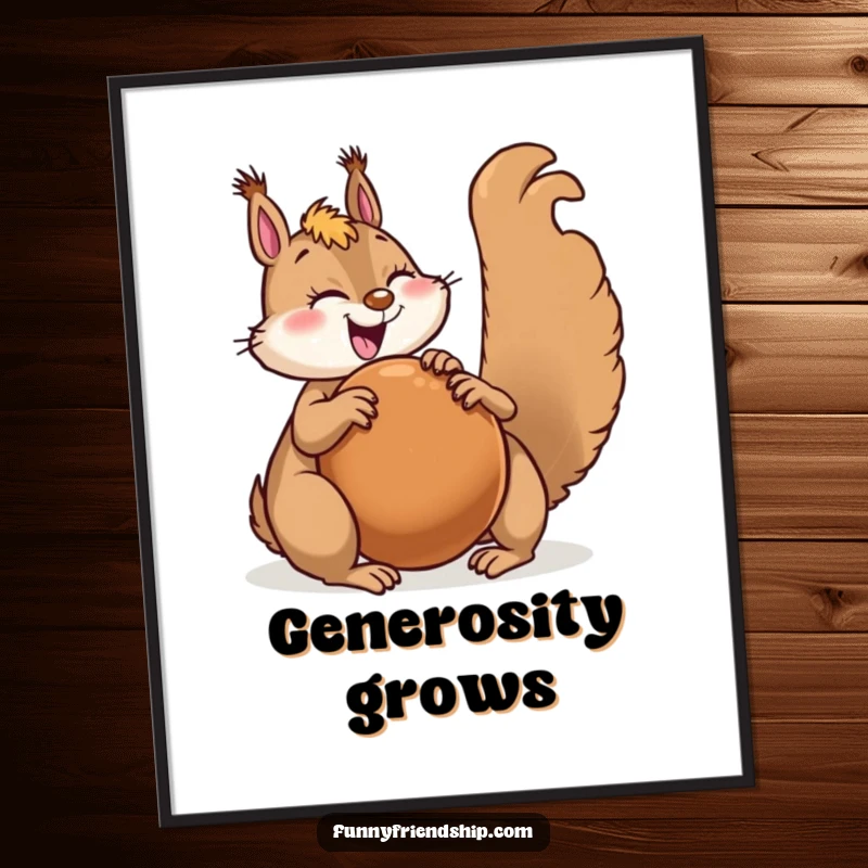 Funny squirrel character digital art showing a joyful squirrel sharing a giant nut with a happy friend, symbolizing kindness.