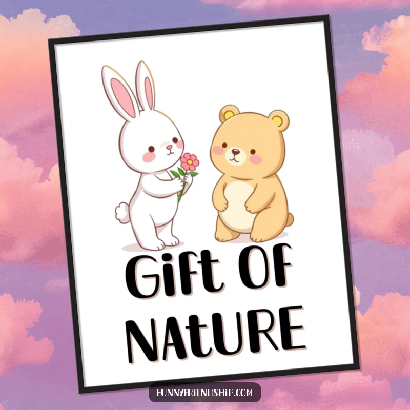 Funny Bunny and Bear Flower Digital Art Print: Bunny gives flower to bear, instant download, cute illustration, a funny gift.