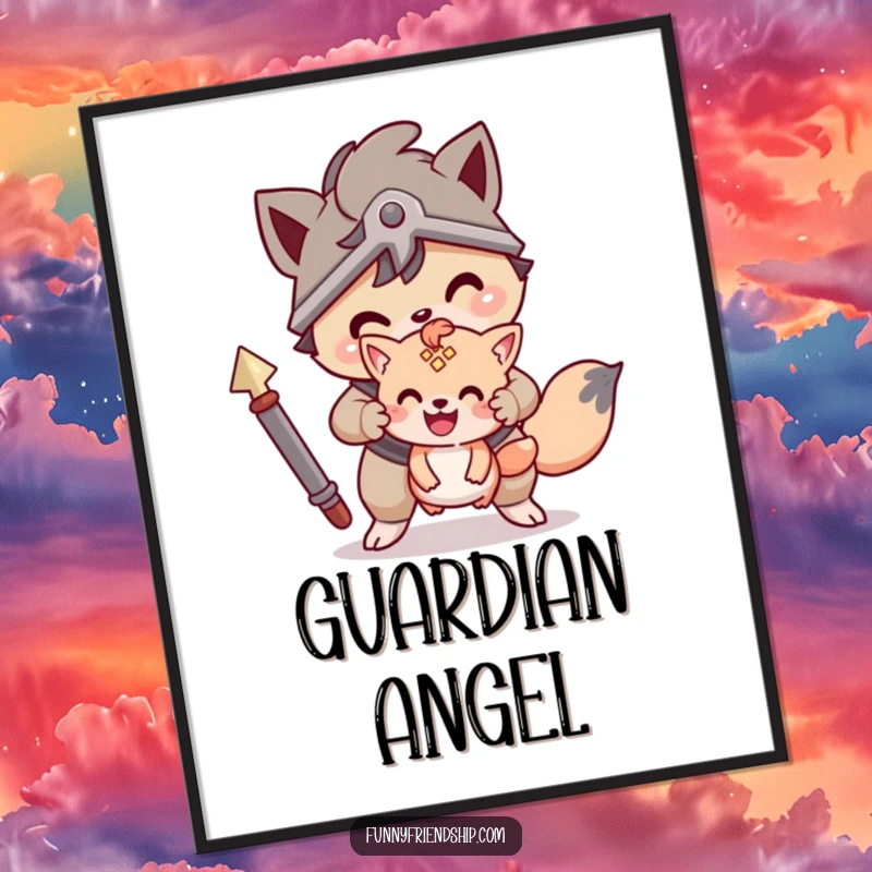 Funny digital art print of a brave animal character protecting a smaller friend, a powerful and touching illustration.