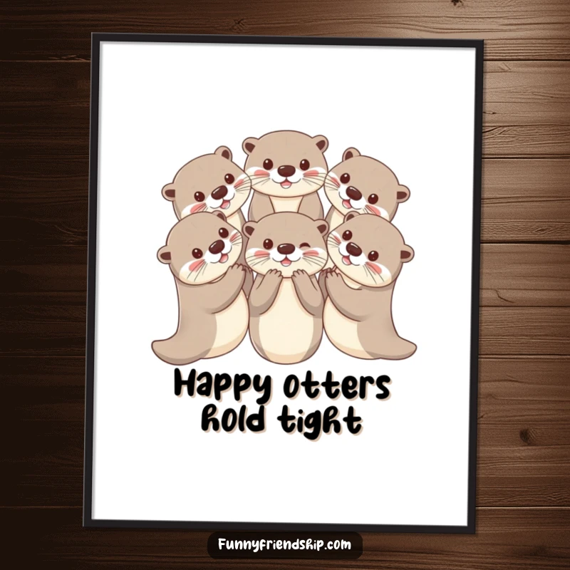 Funny otter digital art print with playful otters holding paws in a circle, cheerful and downloadable artwork.