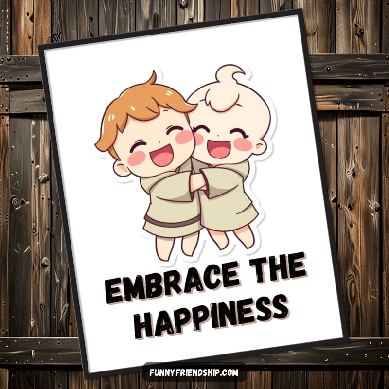 Funny digital art print of two smiling characters hugging, symbolizing happiness, love, and joyful connection.
