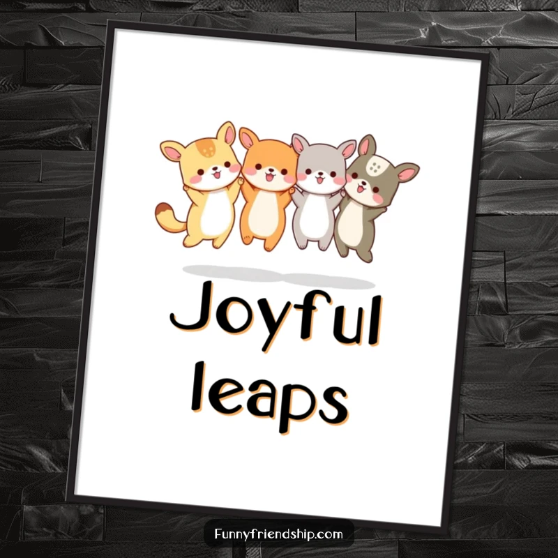 Funny Animal Friends Jumping Digital Art Print: Animals holding hands and jumping, instant download, joyful illustration, a funny gift.