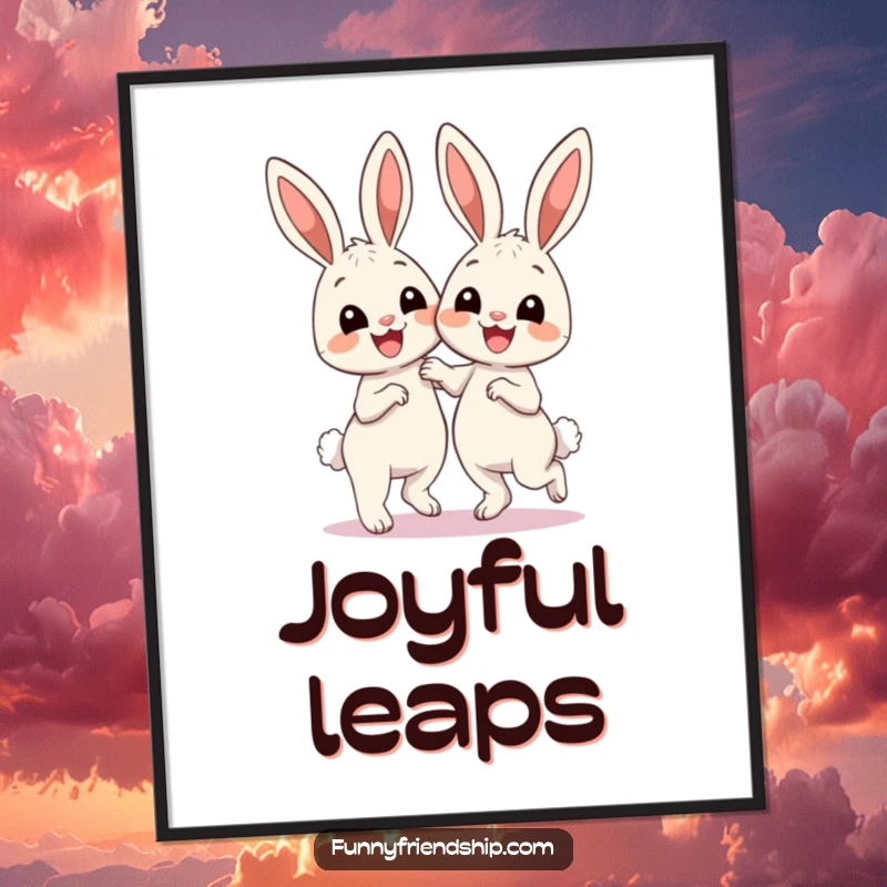 Funny Digital Art Print: Two adorable bunnies smiling and dancing, a vibrant and joyful illustration perfect for instant cheerful home decoration.