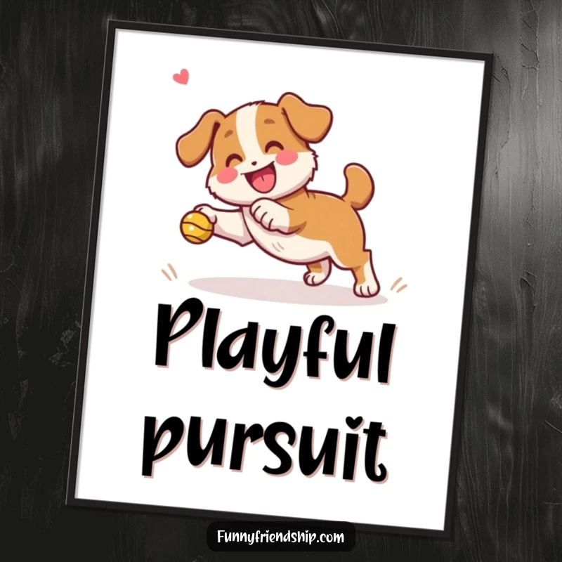 Funny dog character digital art showing a playful dog mid-fetch with a happy, cheering companion, symbolizing joy.
