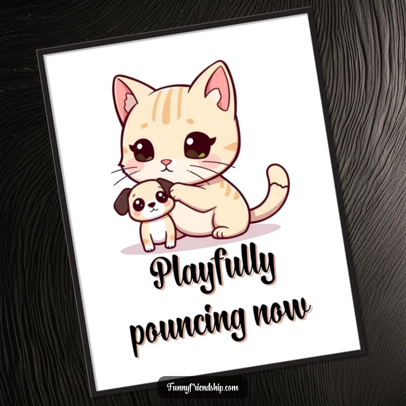 Funny Digital Art Print of a cat playfully tagging a dog, bringing instant humor and pet-themed charm to any room.