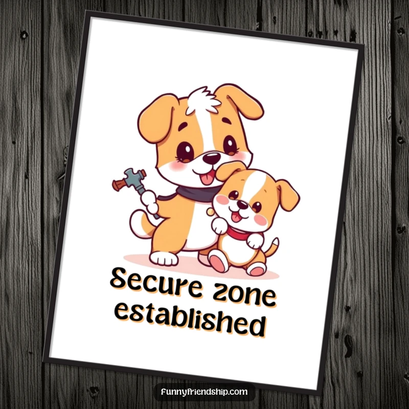 Funny dog digital art print of a loyal dog protecting a small, mischievous puppy, capturing heartwarming humor for your walls.