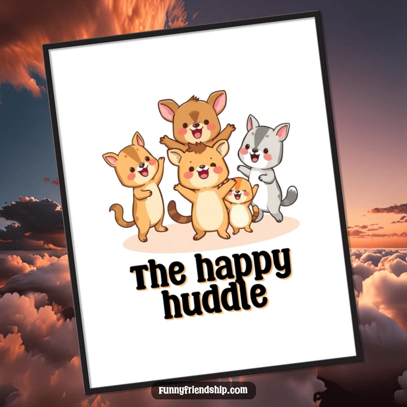 Funny digital art print of happy animals dancing in a circle, capturing a moment of pure joy and humorous celebration.