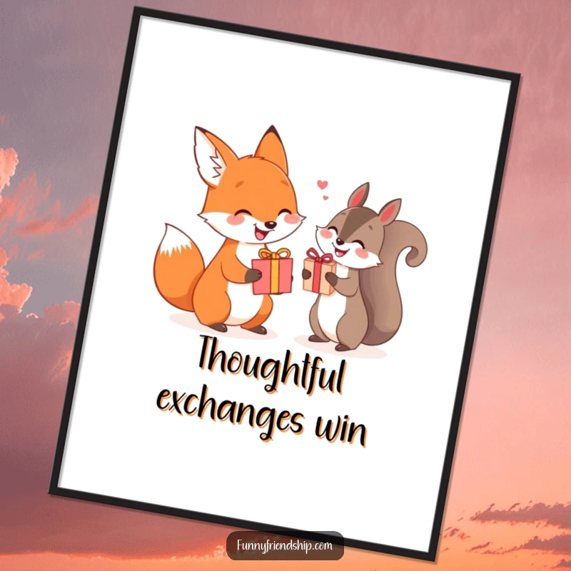 Funny fox and squirrel digital art print exchanging gifts, cheerful and downloadable artwork.