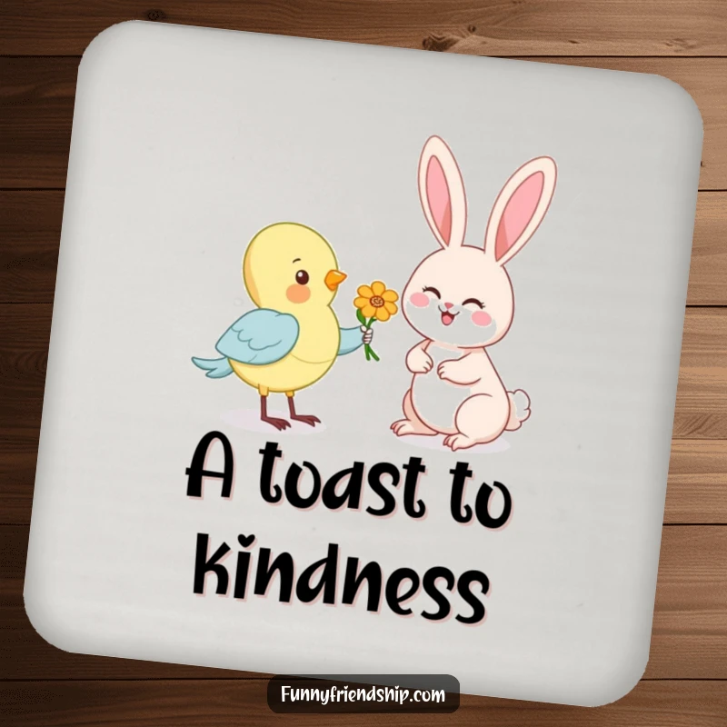 Funny drink coasters with a cartoon of a bird offering a flower to a happy rabbit, protecting tables with humor.