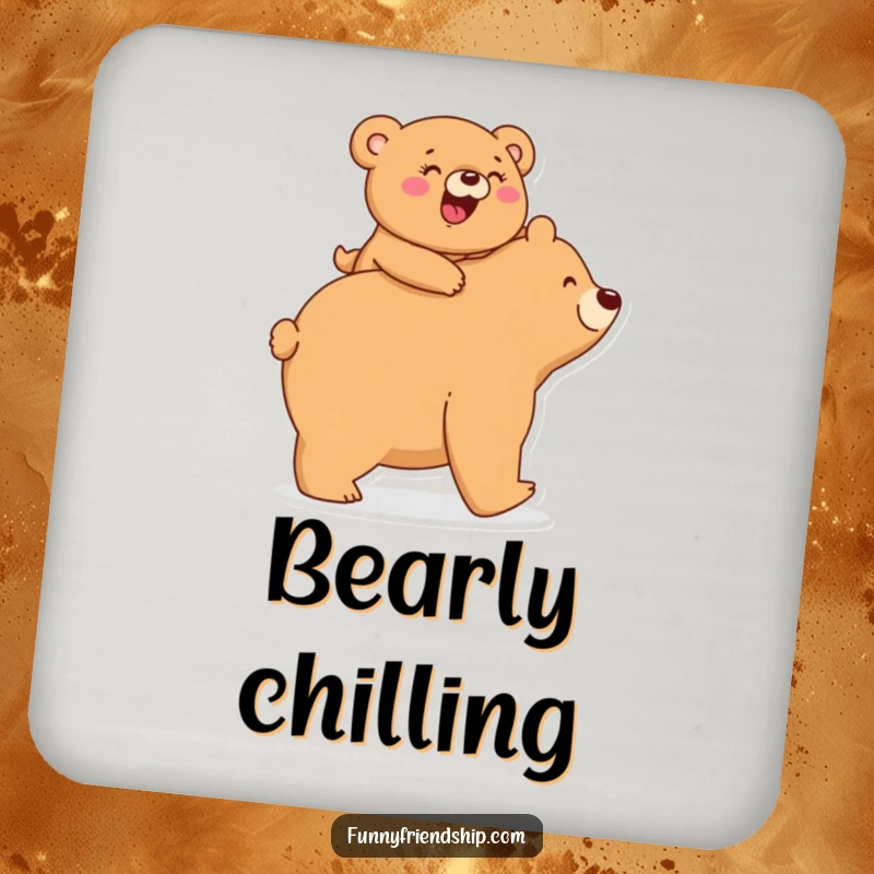 Funny Coasters: A small bear giggles riding piggyback on a larger bear, providing cute humor and drink protection.