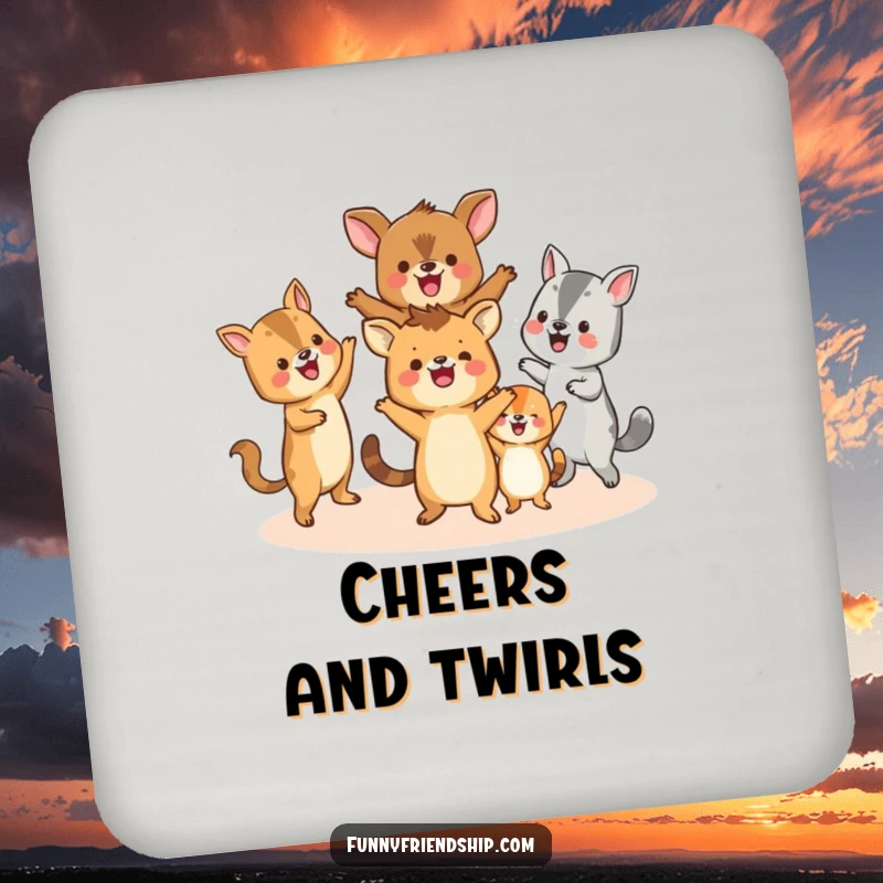 Funny drink coaster featuring happy animals dancing in a circle, adding a touch of humorous celebration to any table.