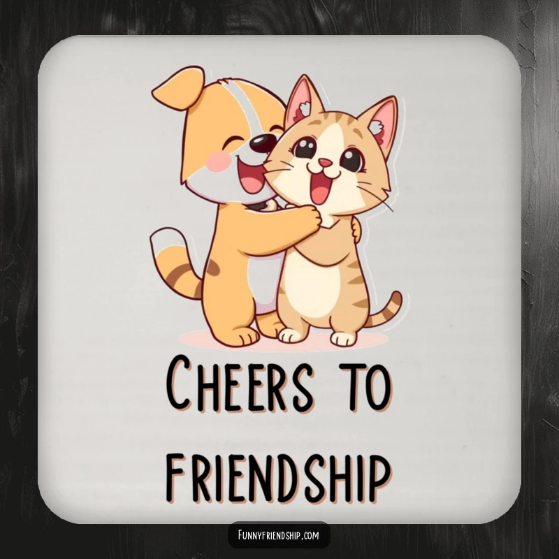 Funny Coaster: Enthusiastic dog character hugging a surprised cat character, a humorous and functional table protector for pet lovers.