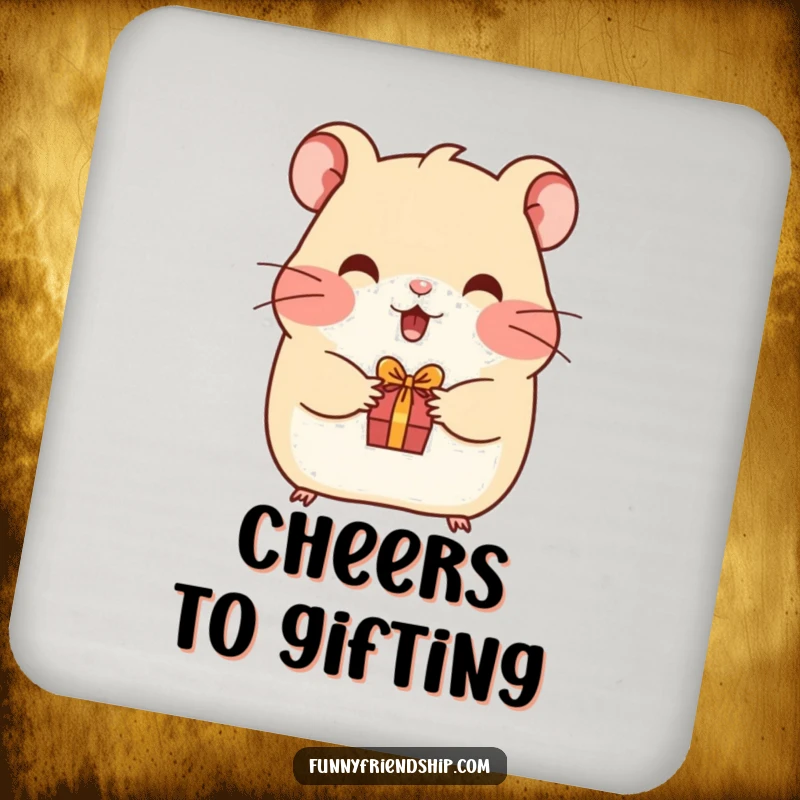 Funny hamster drink coasters with a happy hamster offering a gift, celebrating friendship and providing humorous surface protection.