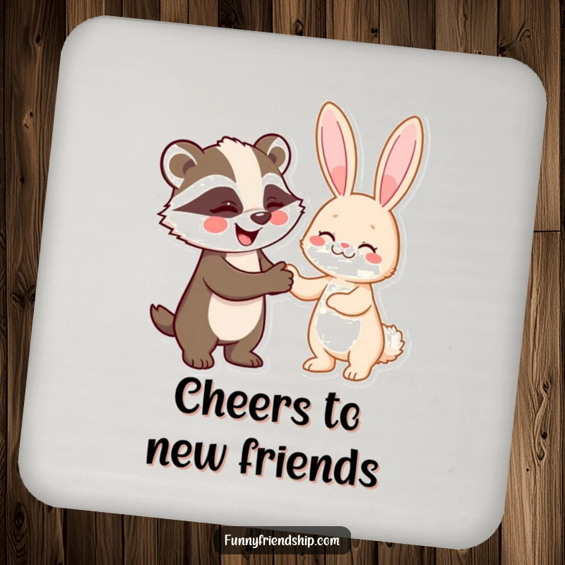 Funny drink coaster set featuring a badger and rabbit shaking hands, protecting tables with a humorous pact.