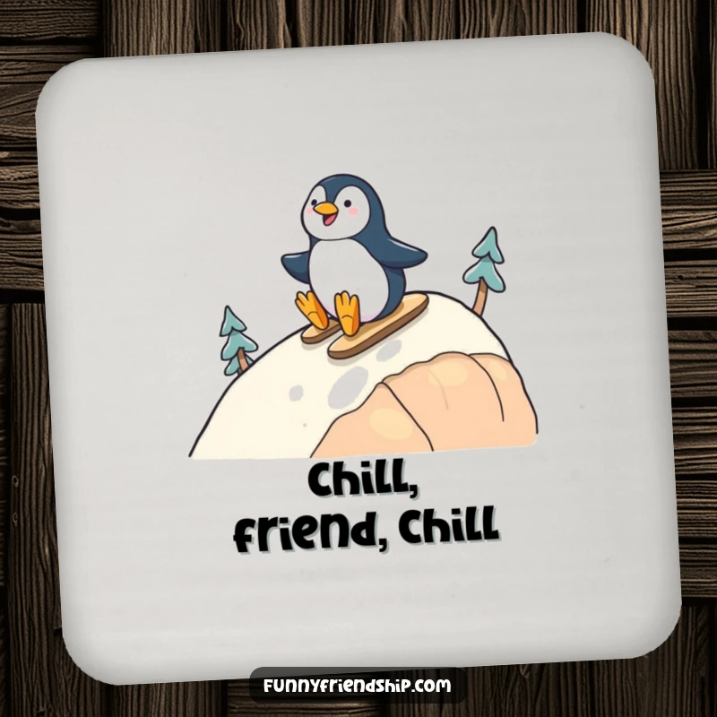 Funny drink coaster featuring cheerful penguins sliding down a hill, adding a protective and friendly touch to tables.