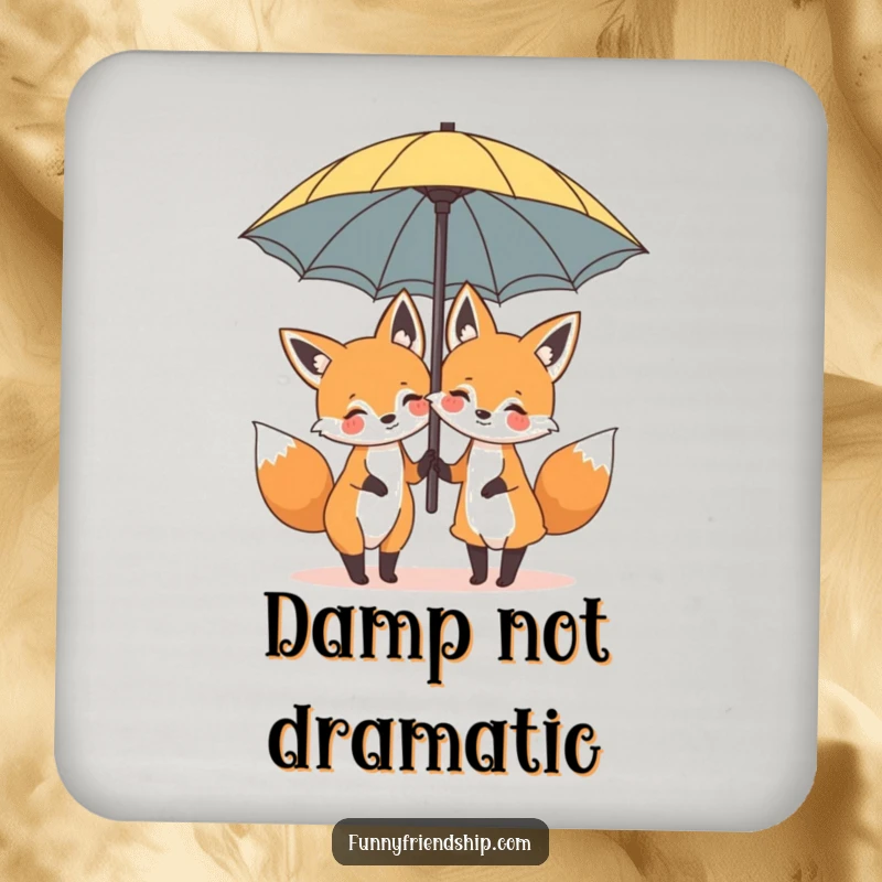 Funny drink coasters featuring two cartoon foxes sharing a large umbrella, protecting tables with delightful humor.