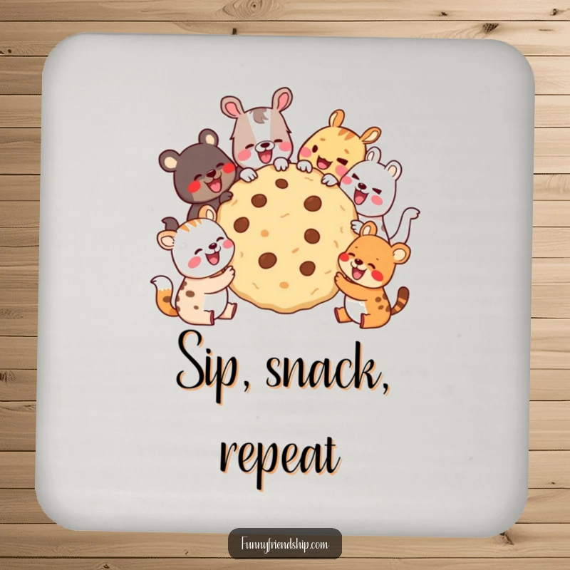 Funny Drink Coaster with animals sharing a giant cookie and laughing, adding humorous and protective elements to tabletops.