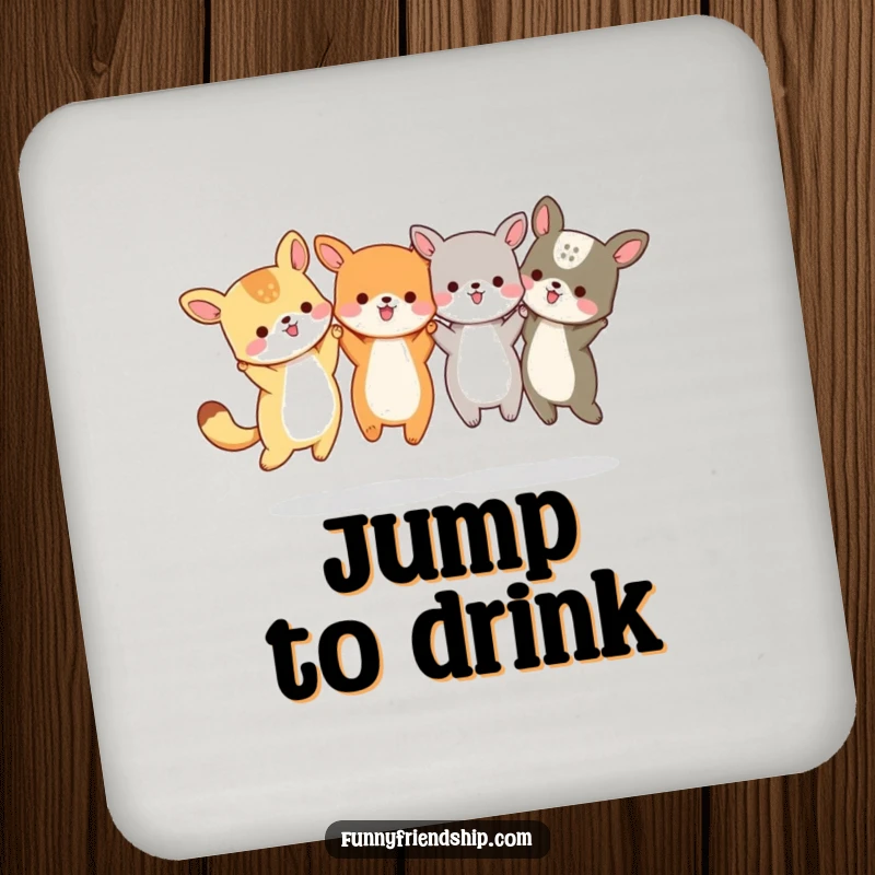 Funny Animal Friends Jumping Coasters: Animals holding hands and jumping, cute table protection, set of 4, a funny gift.