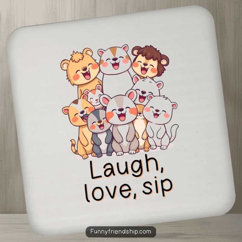 Funny drink coaster featuring a diverse group of animal characters laughing joyfully, adding a touch of cheerful fun to any drink setting.