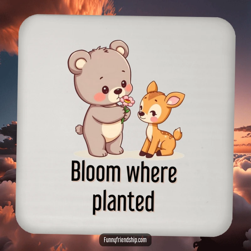 Funny Coaster set displaying a bear cub offering a flower to a shy deer cub, protecting tables with cute wildlife art.