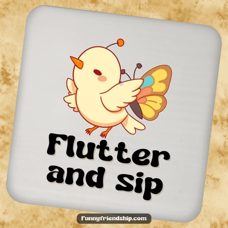 Funny Bird and Butterfly Coasters: A set of four coasters featuring a cute illustration of a bird and butterfly flying, adding joy to your table.
