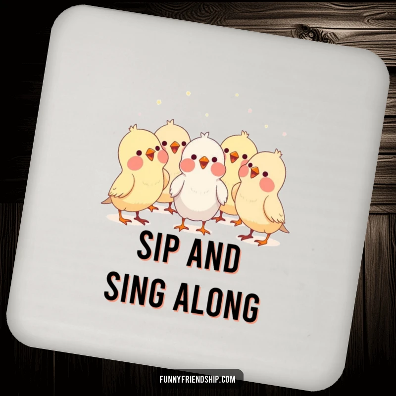 Funny bird characters forming a choir, singing together, a humorous cartoon drink coaster for protecting surfaces with music.