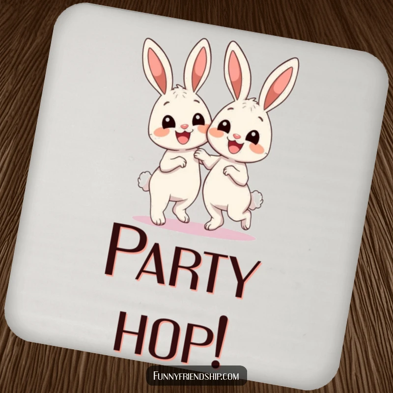 Funny Drink Coaster: Two cute smiling bunnies dancing, protecting surfaces with joyful energy and adorable artwork.