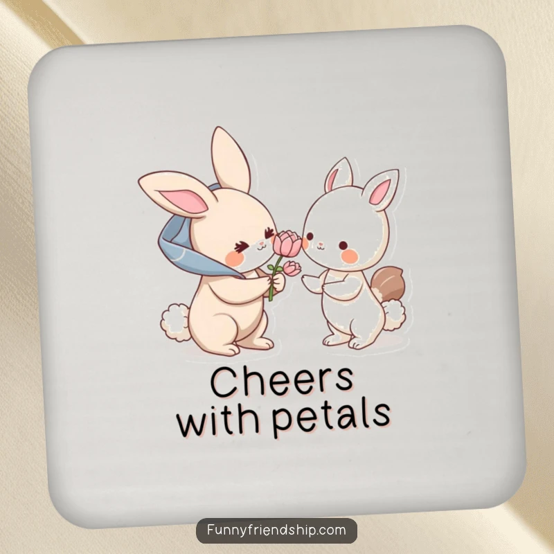 Funny coaster: a bunny character offers a flower to another animal, a humorous coaster to protect surfaces with kindness.