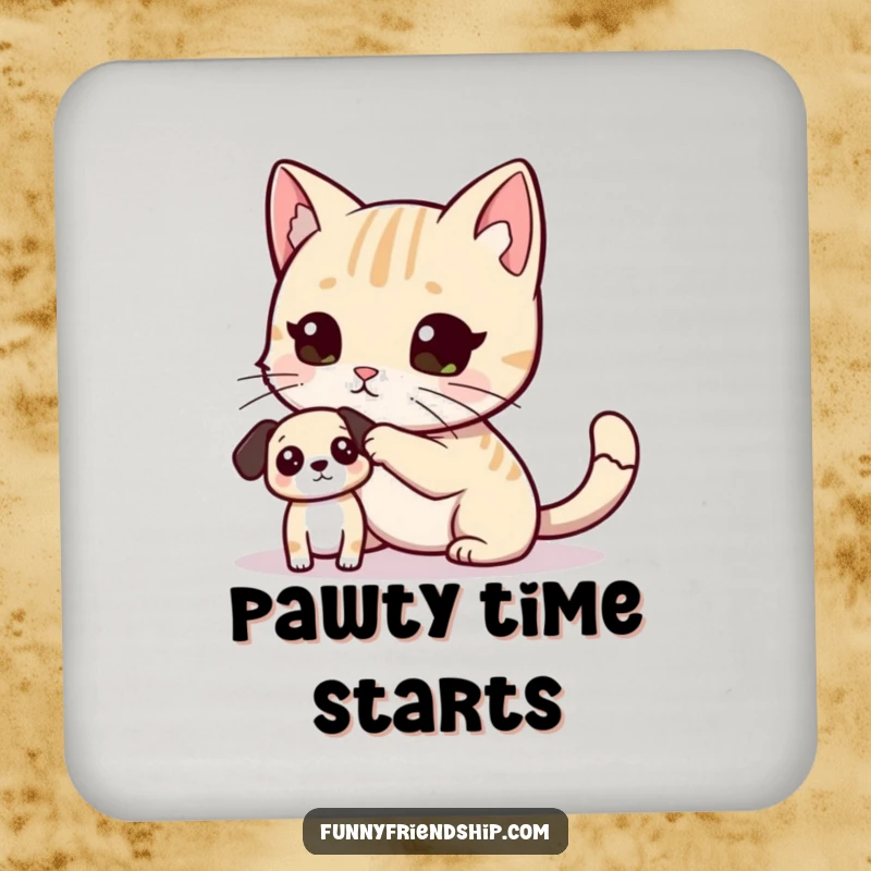 Funny Drink Coaster showing a cat playfully tagging a dog, adding humorous pet-themed protection to tabletops.