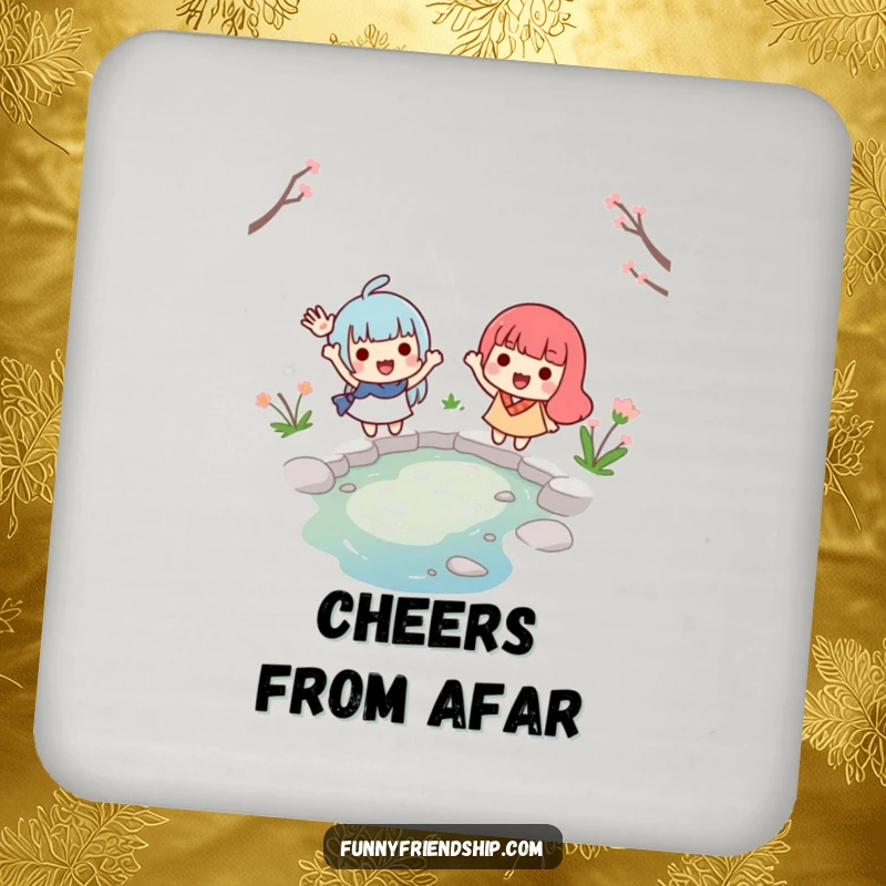 Funny drink coaster featuring two smiling characters waving goodbye across a small stream, adding a touch of nostalgic warmth to any drink setting.