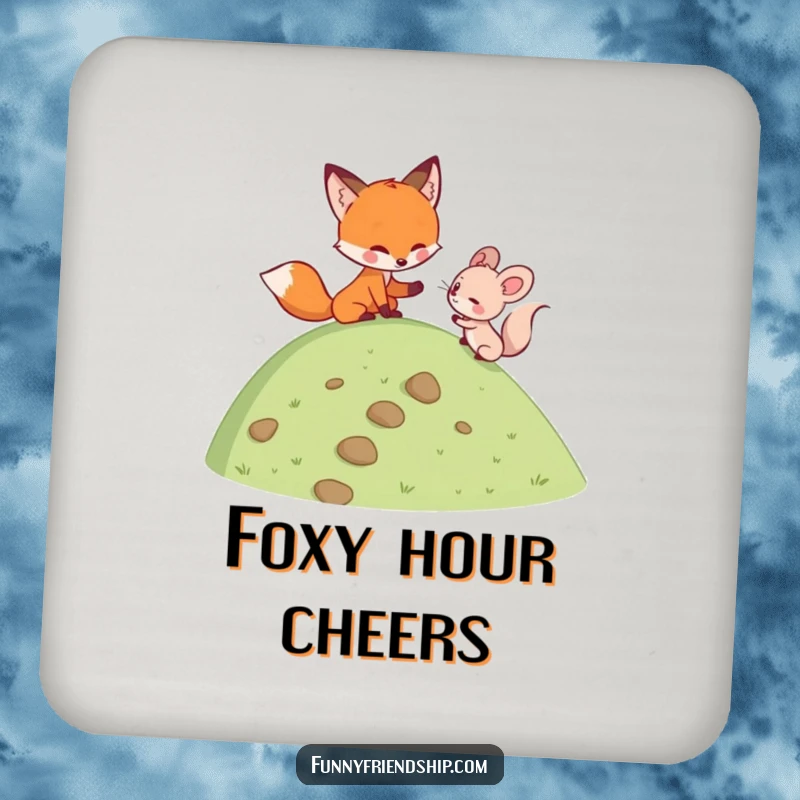 Funny fox helping a mouse climb a hill on a drink coaster, adding a touch of supportive humor to tabletops.