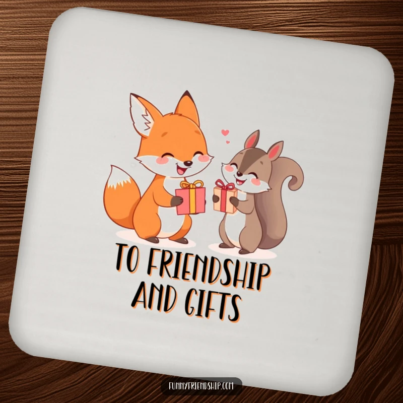 Funny fox and squirrel drink coaster exchanging gifts, a protective and charming home accessory.
