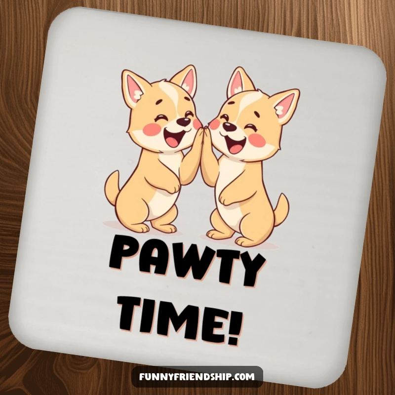 Funny coaster featuring two excited dog characters giving each other a high five, adding cute protection to tables.