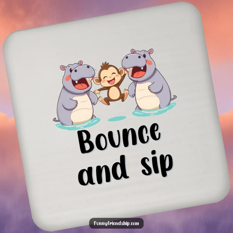 Funny drink coasters featuring a joyful monkey leaping between two friendly hippos, a humorous and protective addition to any table.